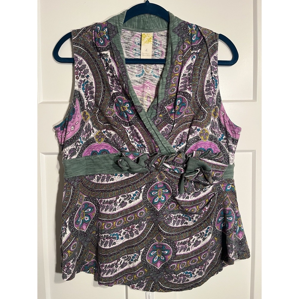 Deletta Anthropologie Paisley Top Womens Large L Green Purple Surplice Tie